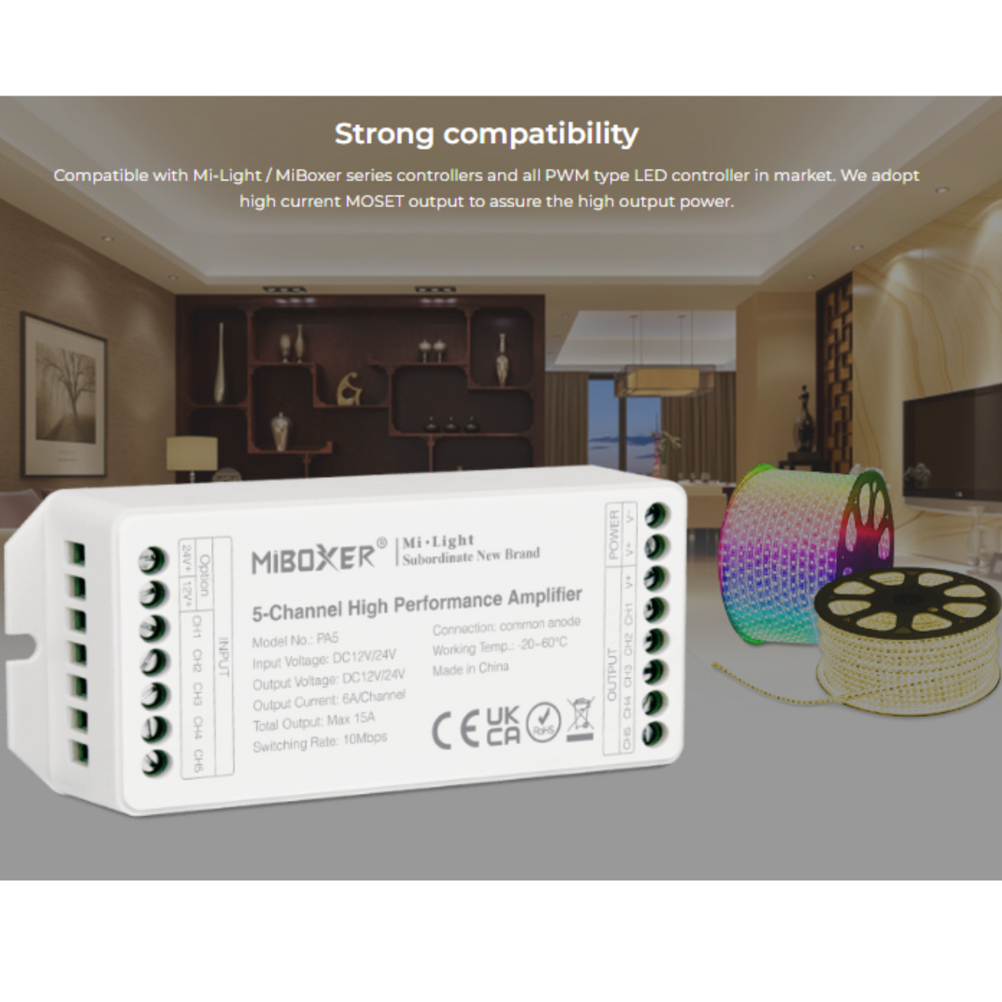 Mi-Light 5 Channel LED Amplifier, High Performance, 12-24V, PA5 RGBW, 15A