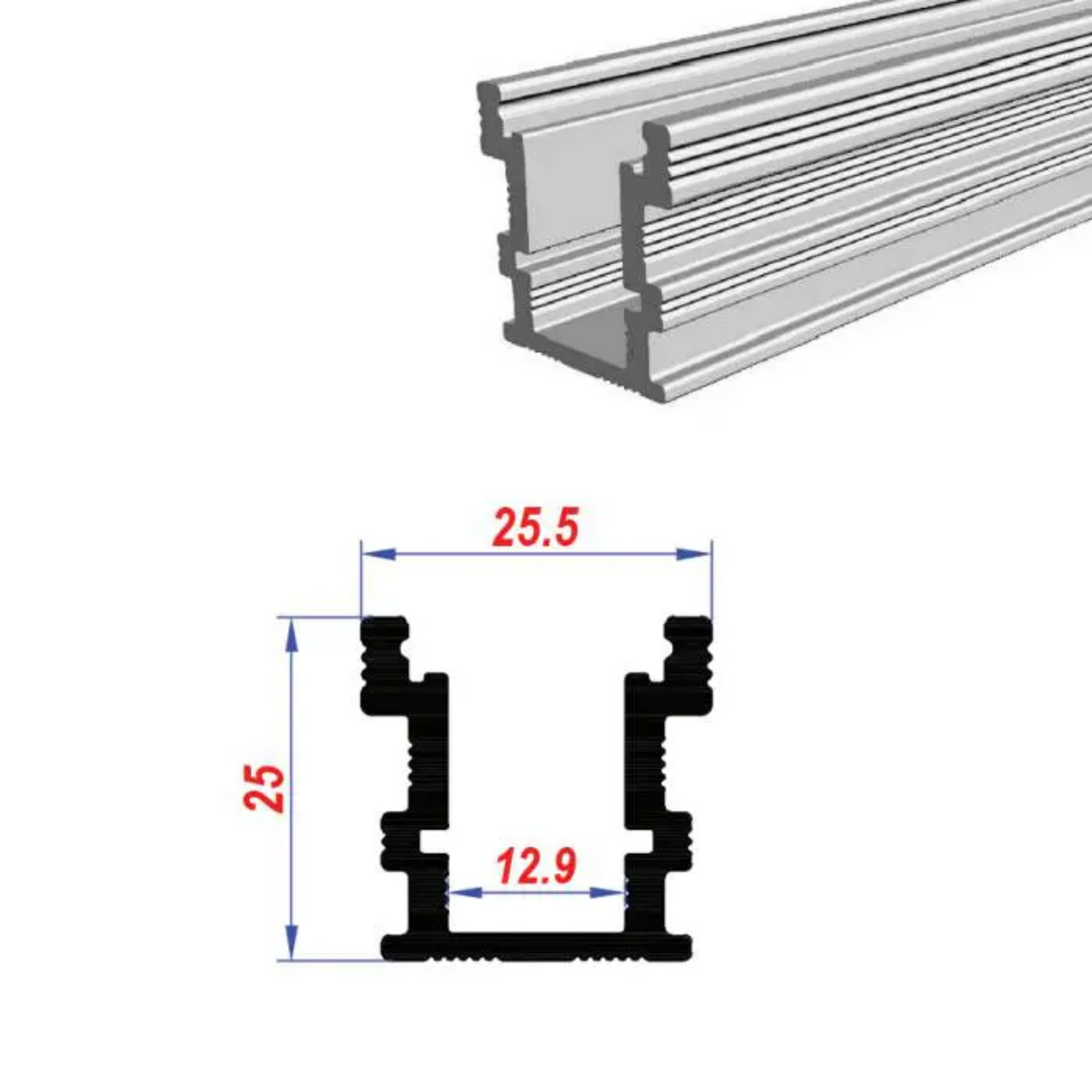 25.5x25mm Outdoor Floor Recessed Aluminium LED Profile Set With Diffuser, 2m