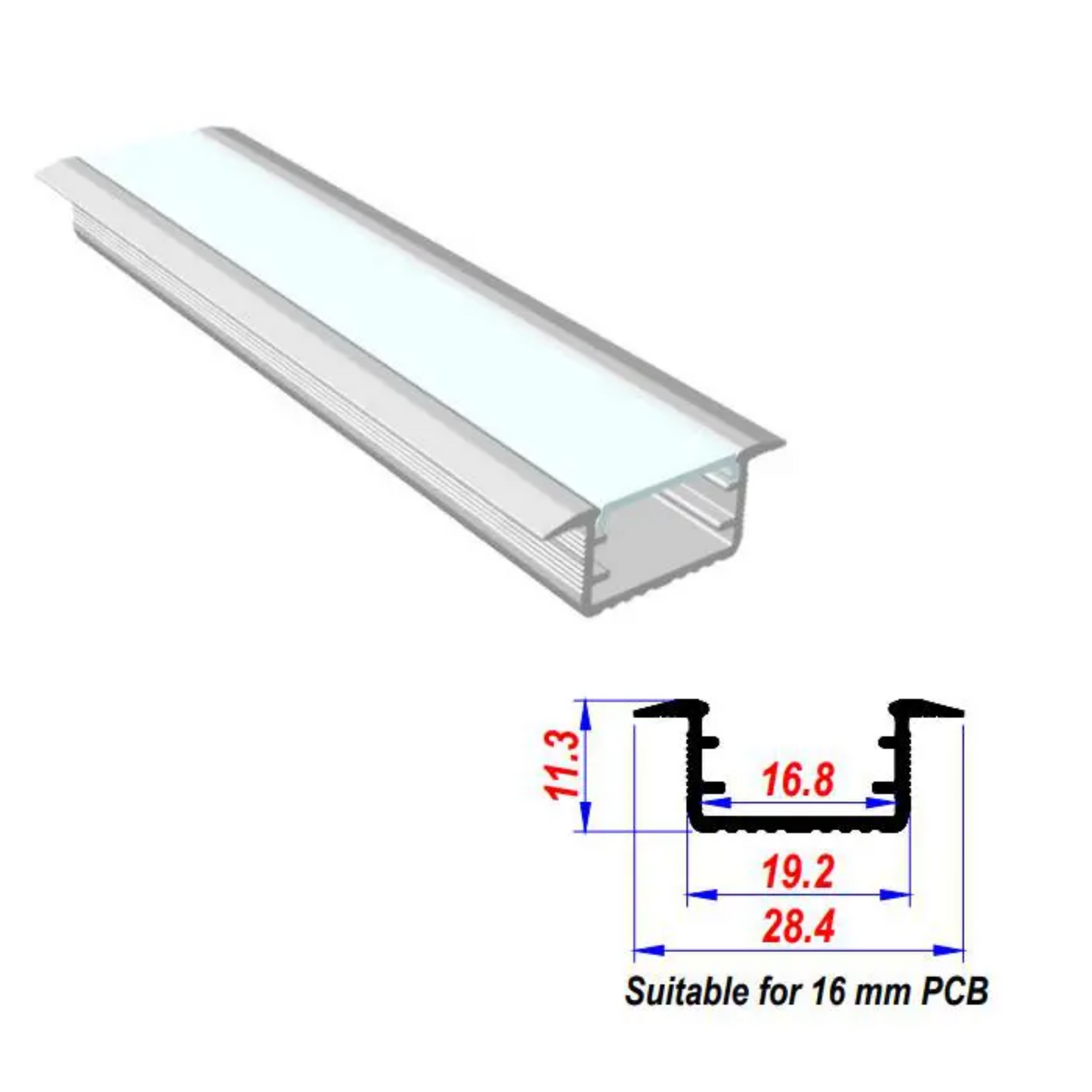 28.4x11.3mm Recessed Aluminium LED Profile Set With Diffuser, 2m