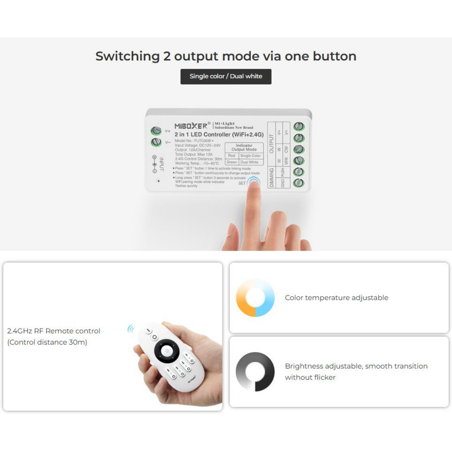 Mi-Light 2-in-1 LED Strip Controller 12-24V 12A – WiFi & 2.4G, Single/Dual White