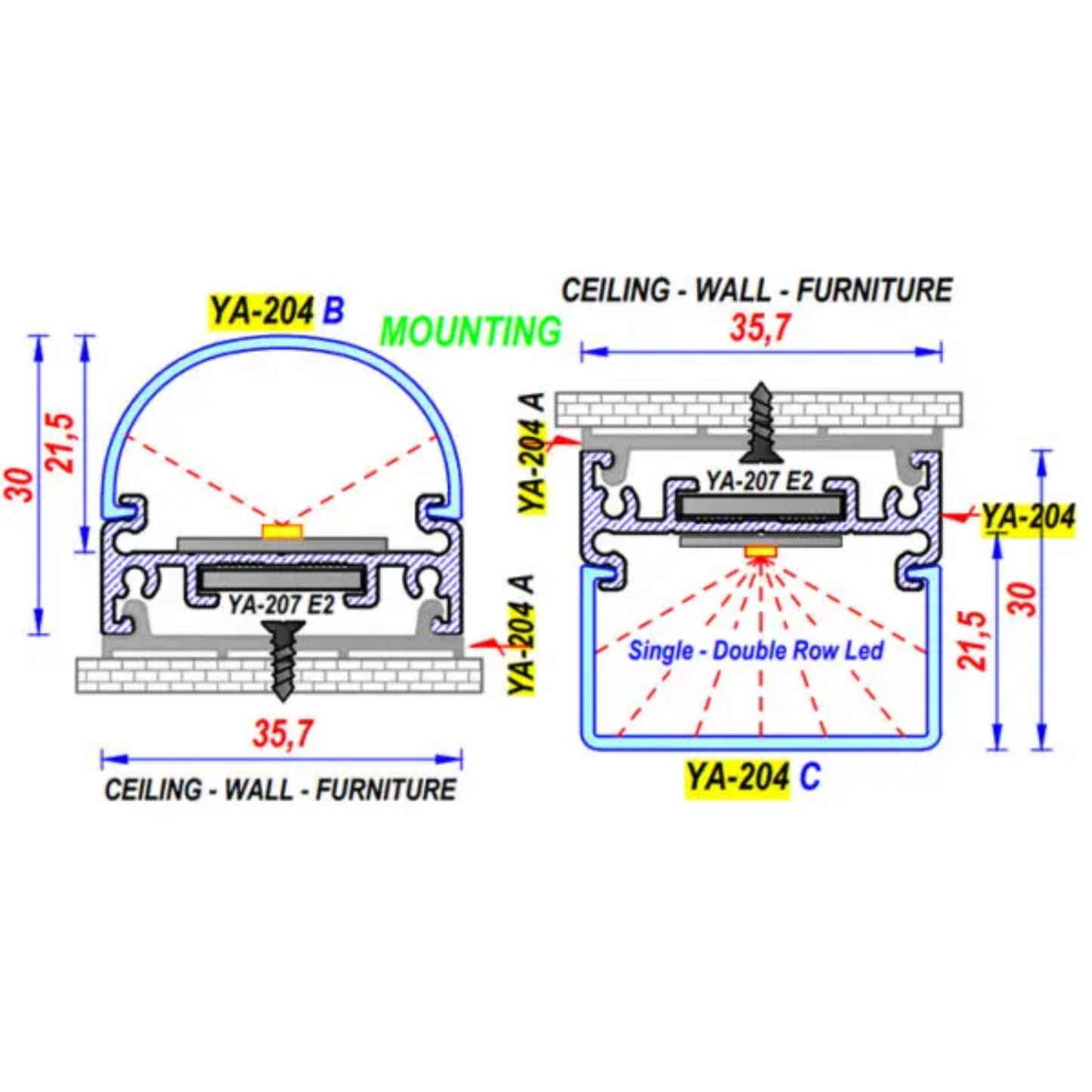 35.7x13.8mm Outdoor Wall-Mounted Aluminium LED Profile Set With Diffuser, 2m