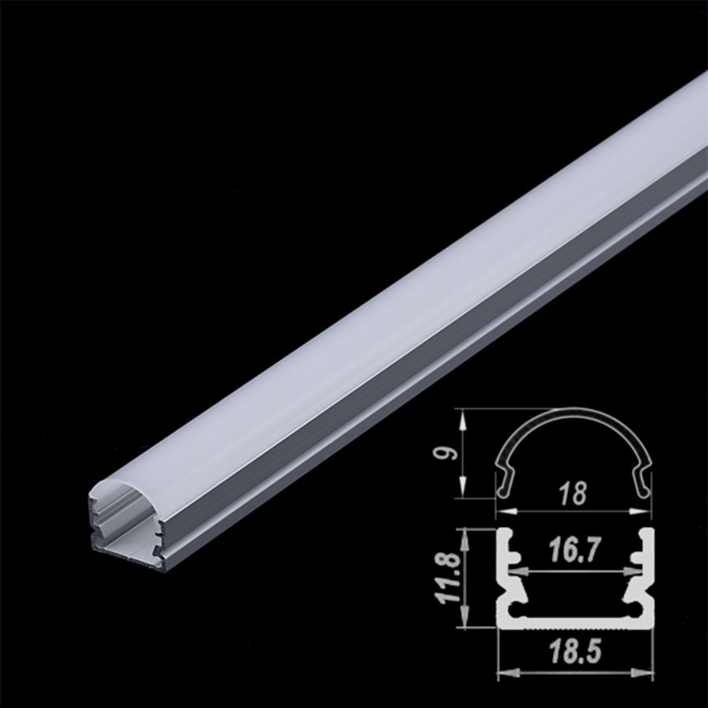 18x11mm Aluminium LED Profile Set With Diffuser, End Cap & Bracket, 2m