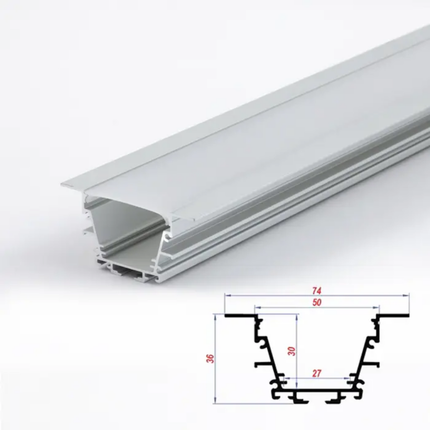 74x36mm Wide Recessed Aluminium LED Profile Set With Diffuser, 2m
