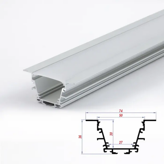 74x36mm Wide Recessed Aluminium LED Profile Set With Diffuser, 2m