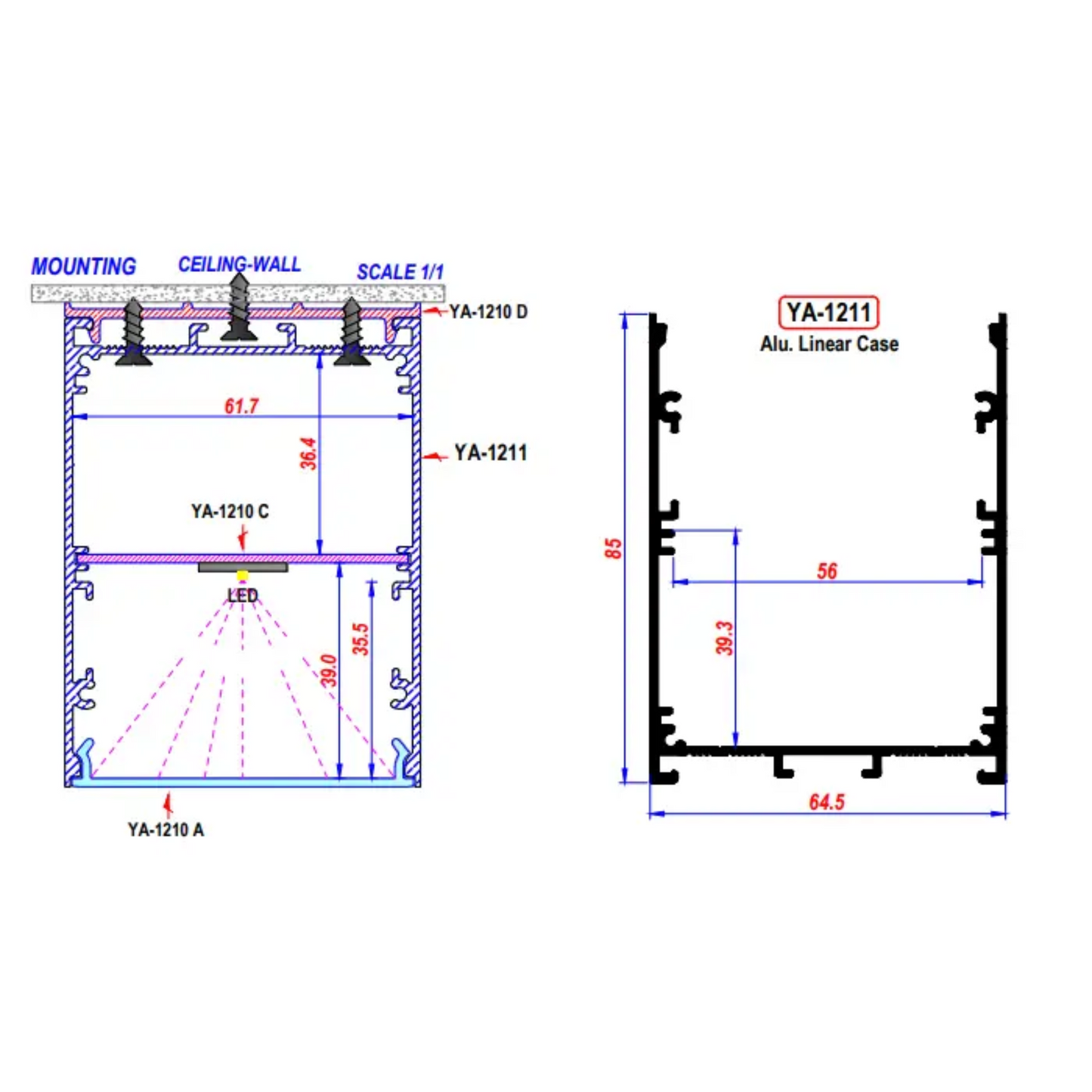 85x64.5mm Surface Aluminium LED Profile Set With Diffuser, 2m