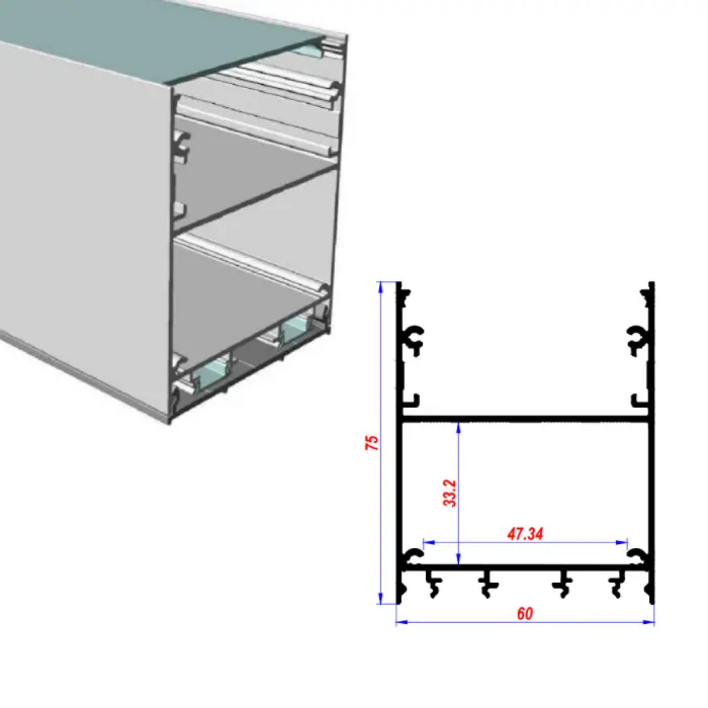 60x75mm Surface Aluminium LED Profile Set With Diffuser, 2m