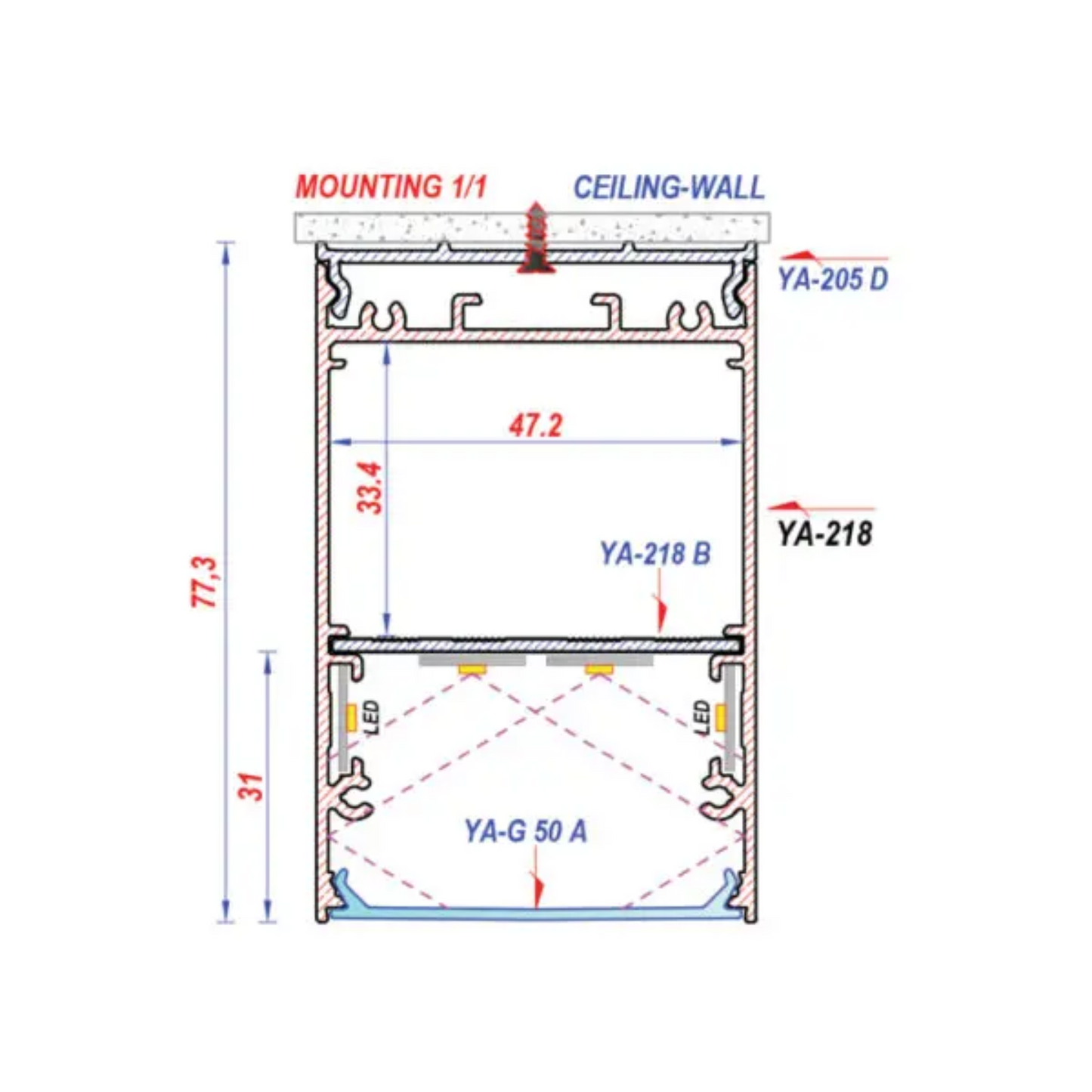75x50mm Surface Aluminium LED Profile Set With Diffuser, 2m