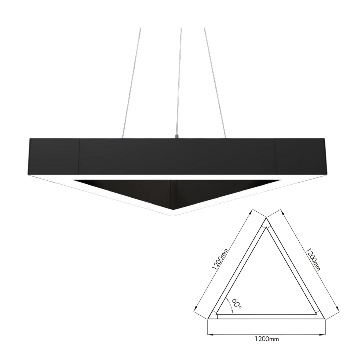 80W Triangle LED Light – 1200mm Side, 12,000lm, Black, IP20