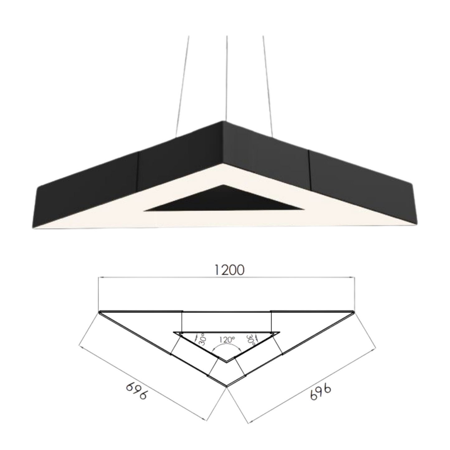 80W Triangle LED Light – 1200mm Side, 12,000lm, Black, IP20