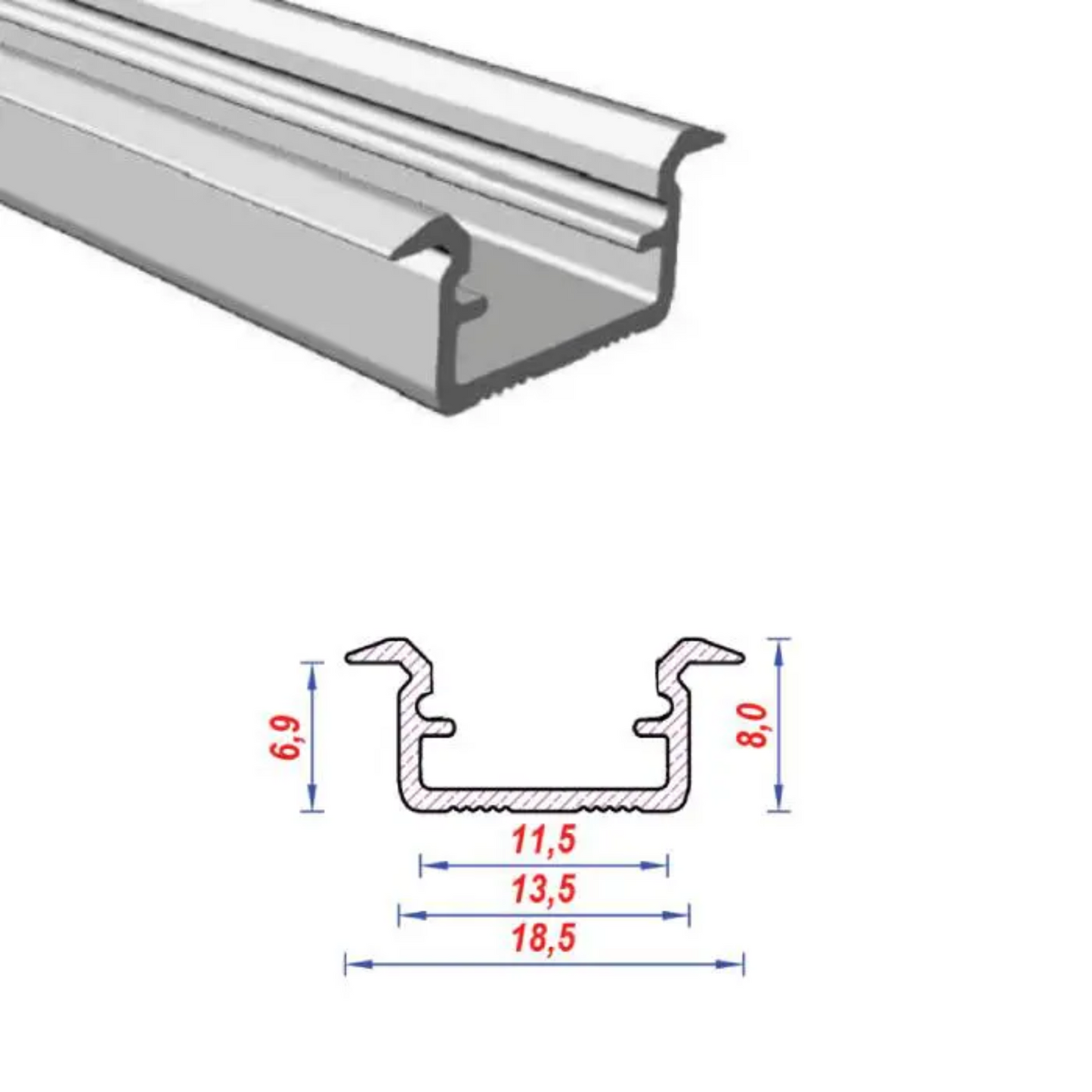 13.5x8mm Mini Recessed Aluminium LED Profile Set With Flat Diffuser, 2m