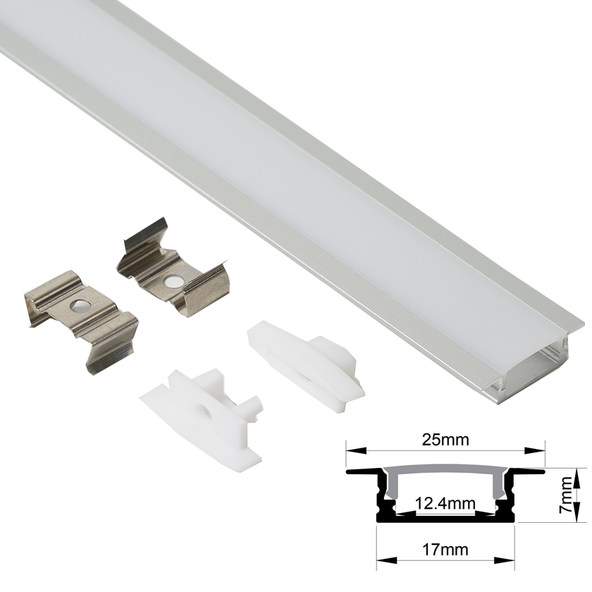 17x7mm (25mm Width) Recessed LED Profile With Opal Diffuser Kit, 2m, Silver