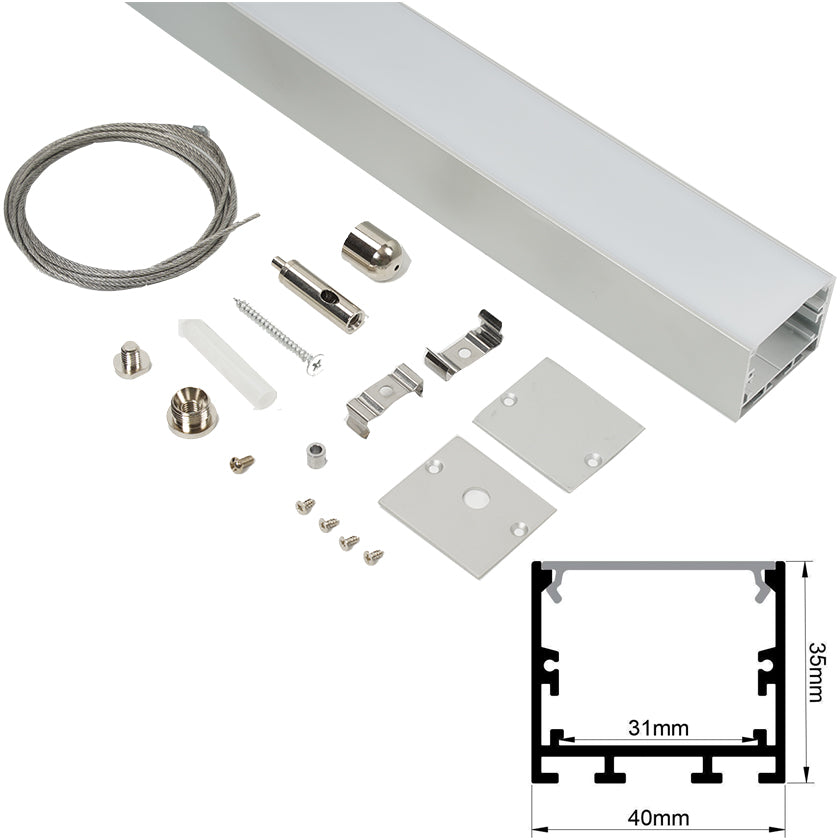 40x35mm Surface LED Profile With Opal Diffuser Kit, 2m, Silver
