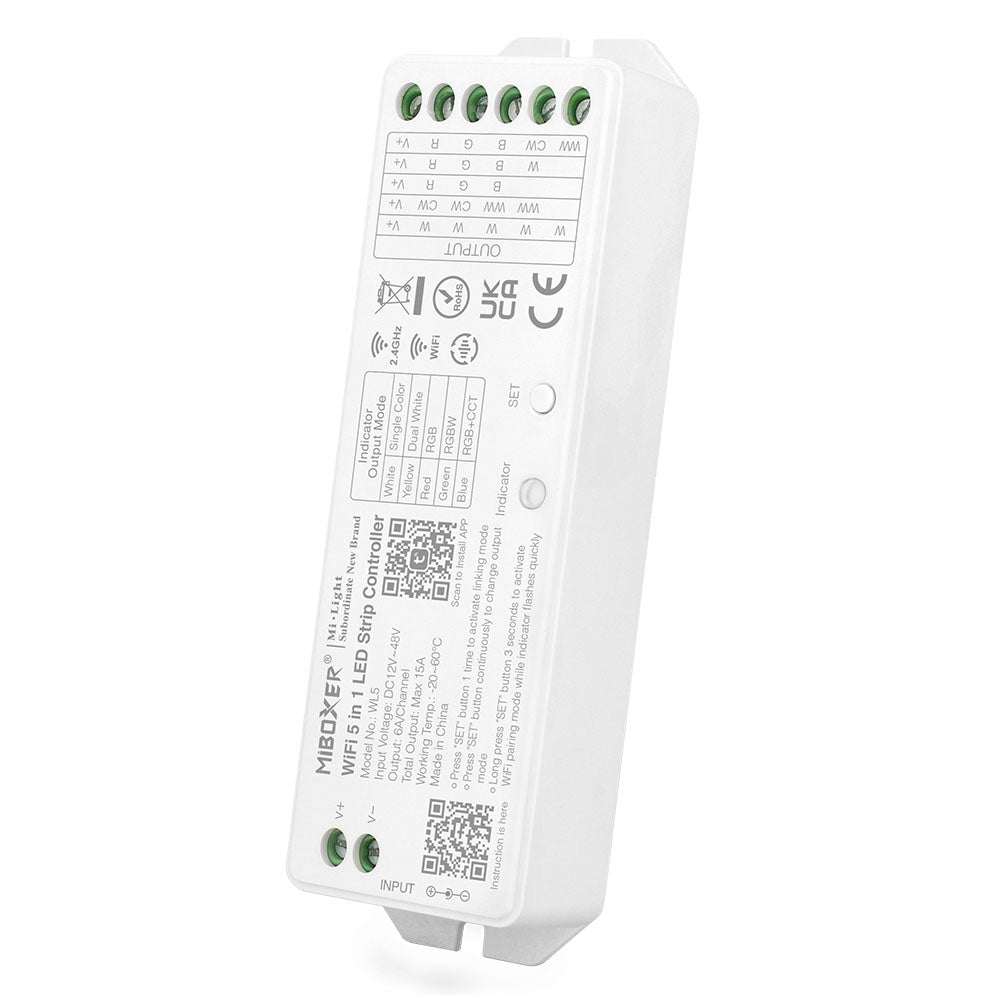 5-in-1 LED Strip Controller – WiFi + 2.4G, 12–24V LED Dimmer, Tuya Compatible