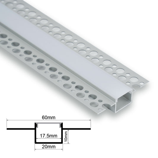 20x12mm (60mm Width) Plaster-in LED Profile With Opal Diffuser, 2m, Silver