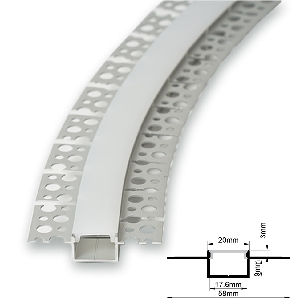 20x12mm Plaster-in Bendable LED Profile With Opal Diffuser, 2m, Silver