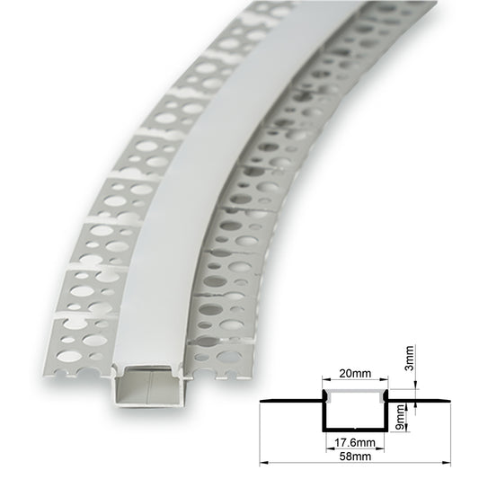 20x12mm Plaster-in Bendable LED Profile With Opal Diffuser, 2m, Silver