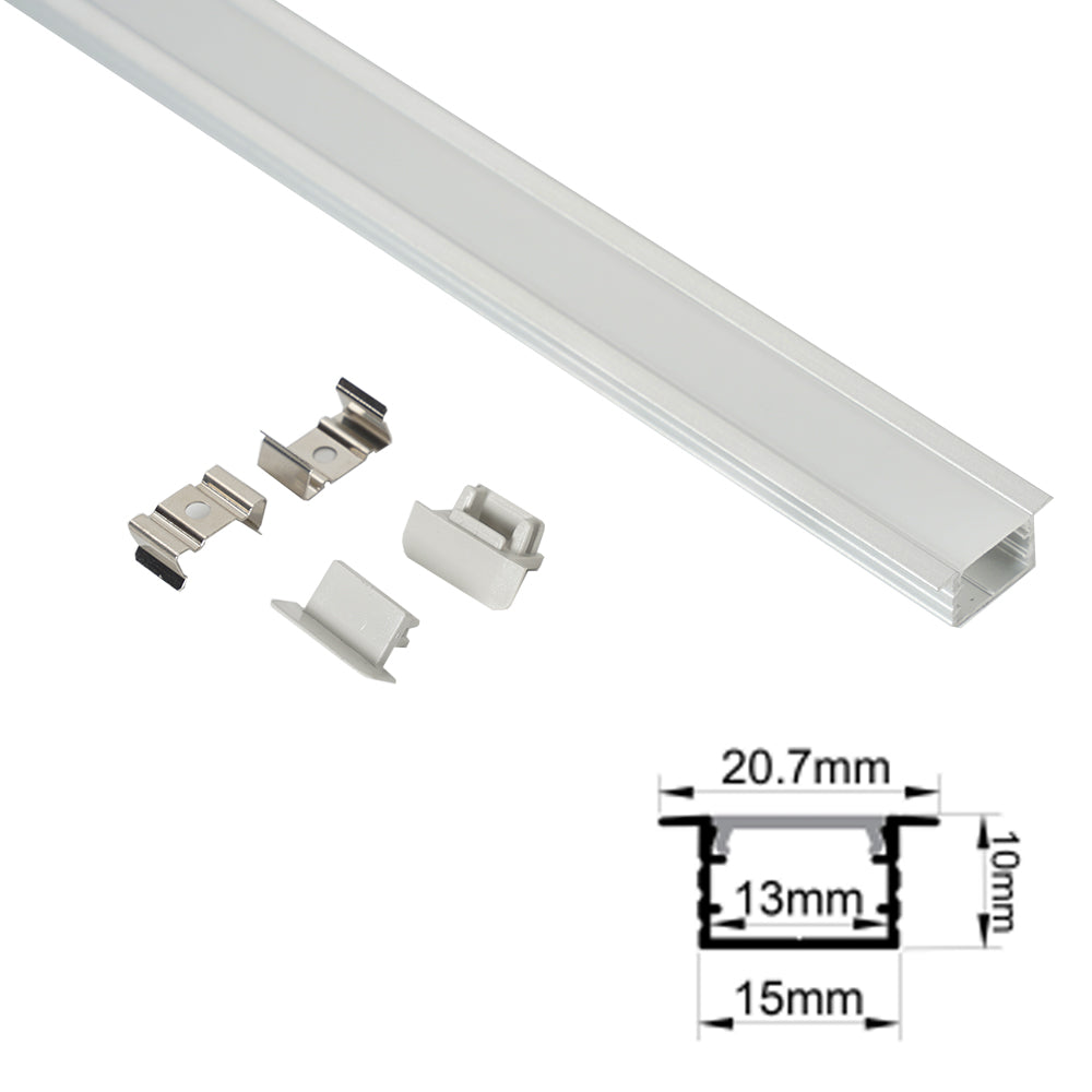 15x10mm (20.7mm Width) Recessed LED Profile With Opal Diffuser Kit, 2m, Silver