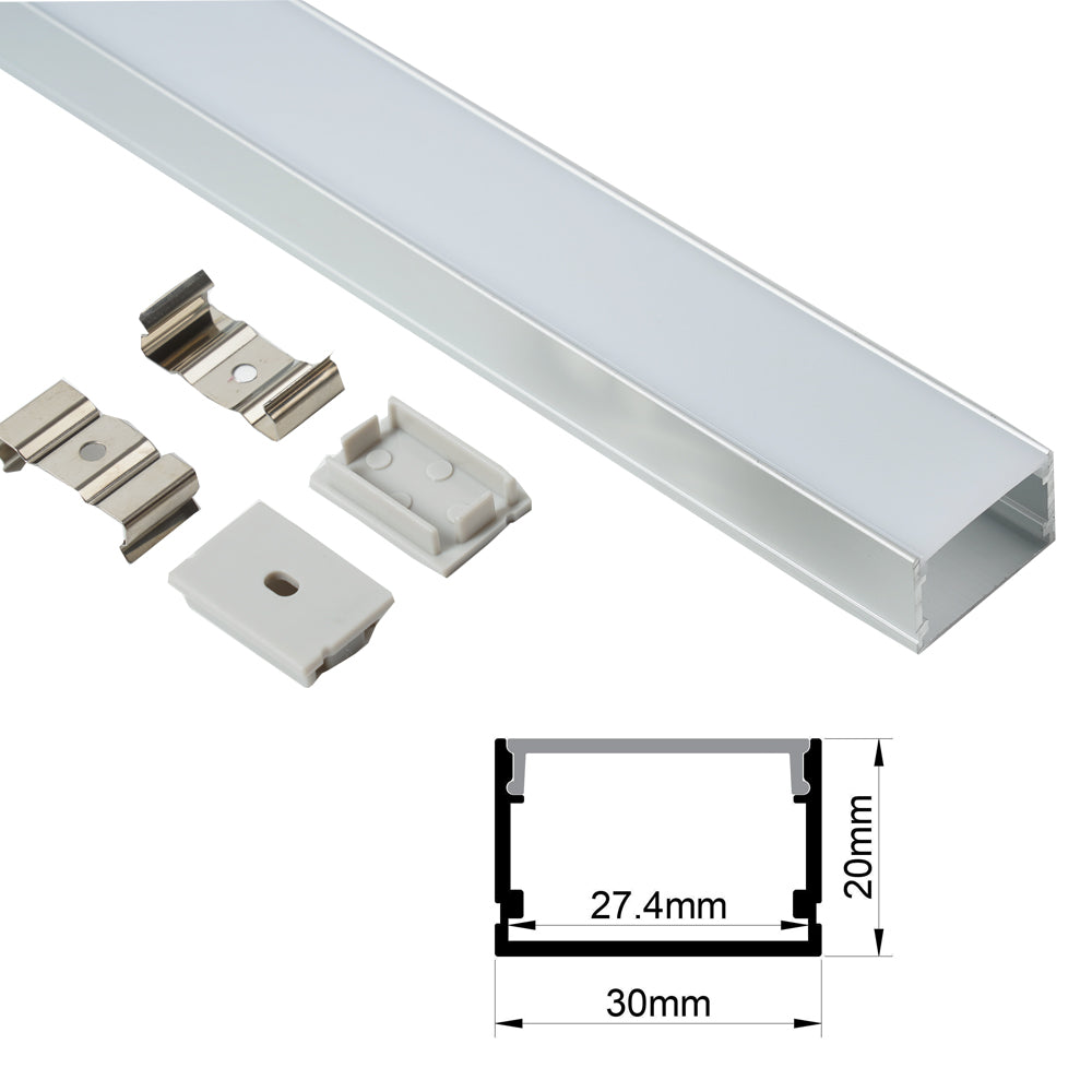30x20mm Surface LED Profile With Opal Diffuser Kit, 2m, Silver
