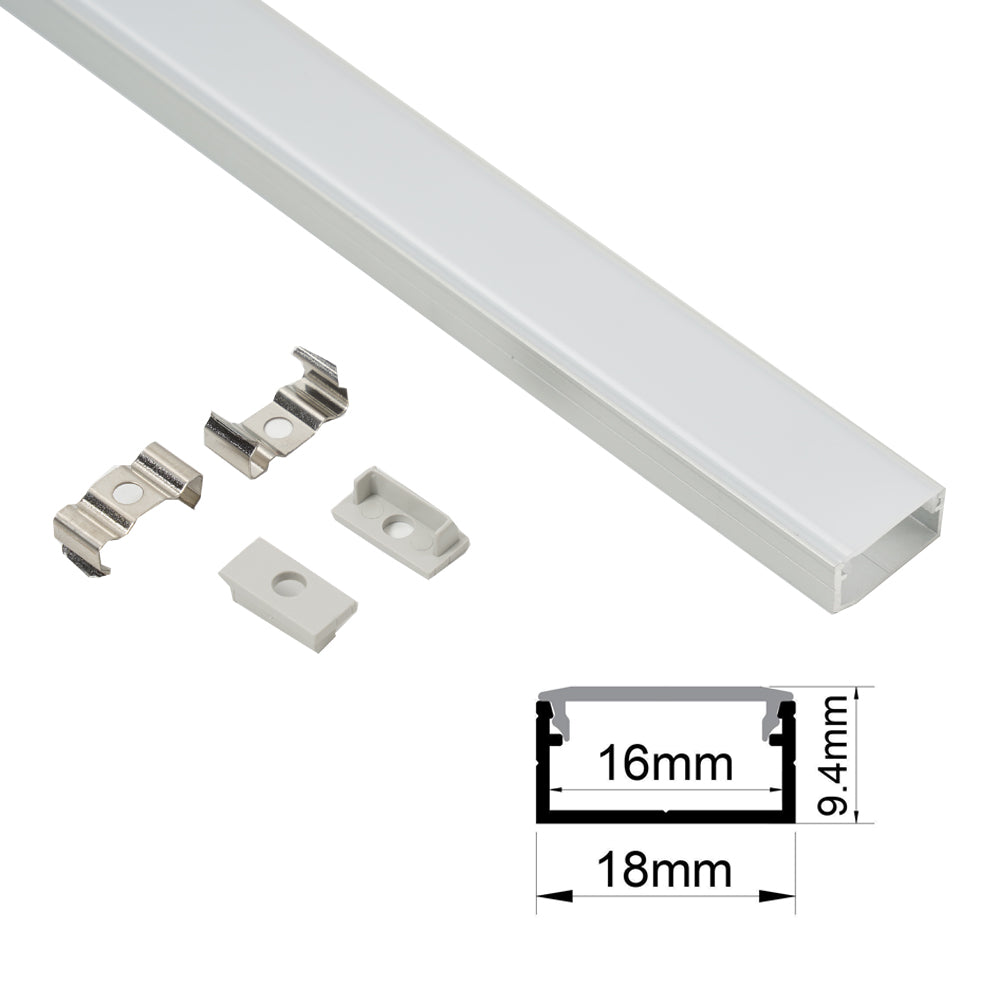 18x9mm Surface LED Profile With Opal Diffuser Kit, 2m, Silver