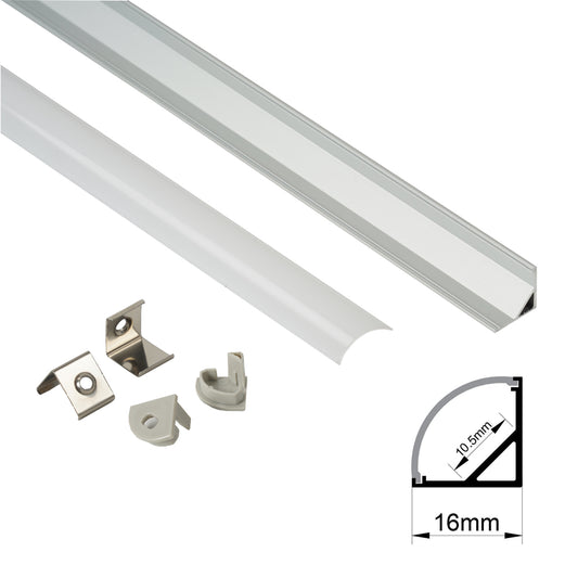 16x16mm Corner LED Profile With Opal Diffuser Kit, 2m, Silver