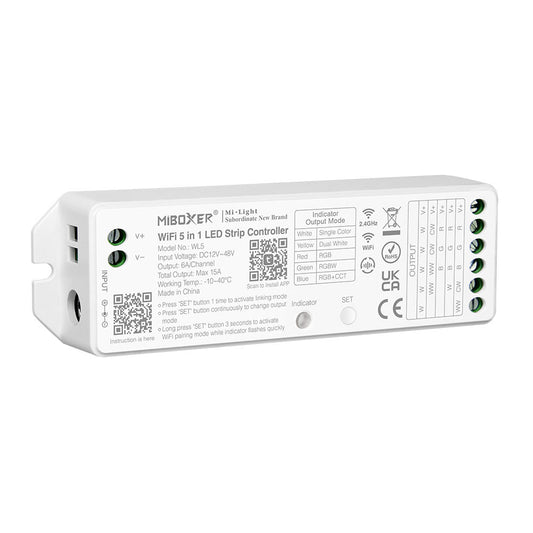 5-in-1 LED Strip Controller – WiFi + 2.4G, 12–24V LED Dimmer, Tuya Compatible