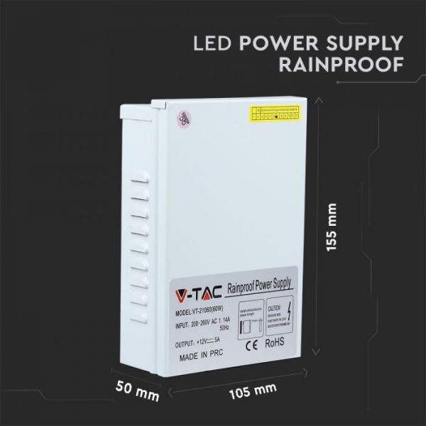 60W LED Metal Power Supply Rainproof 12V 5A IP45