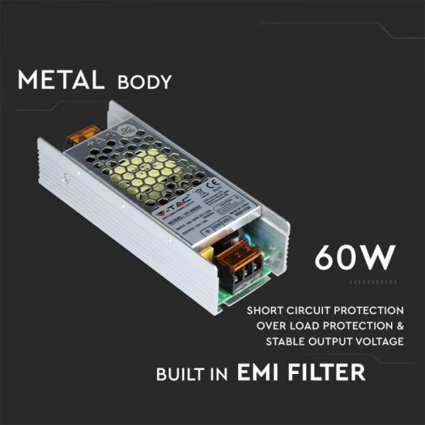 60W LED Slim Power Supply -12V - 5A Metal