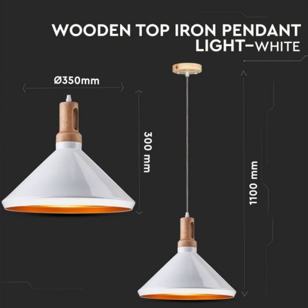 Modern Pendant Light Wooden Top Iron White Color D=350mm Cone shape