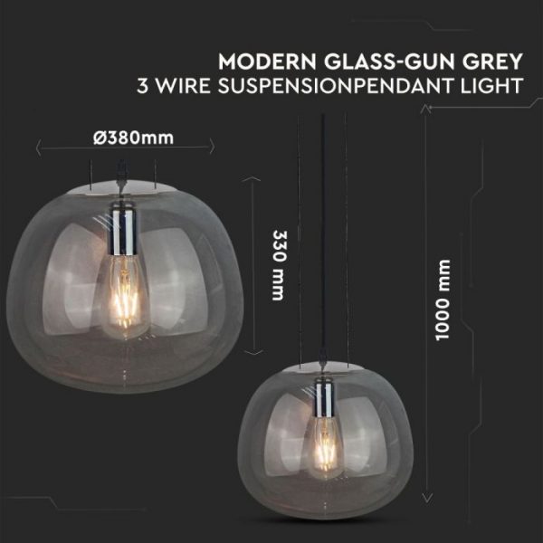 Pendant Light Modern Glass Grey 3 Wire Suspension  D=380mm