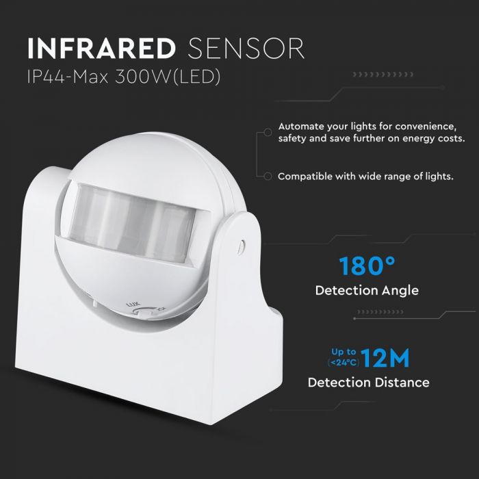 Motion Sensor PIR180W White External 180° PIR Detector Passive use with LED 