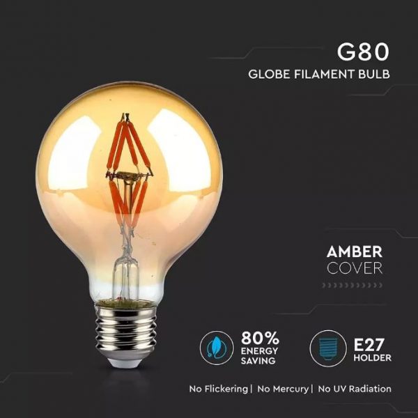 LED Bulb 4W 8 Filament-G80 Amber Cover 2200K (warm white)