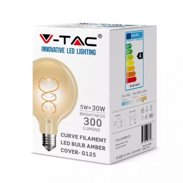 5W G125 LED Bulb Curve Filament Amber Cover 2200K