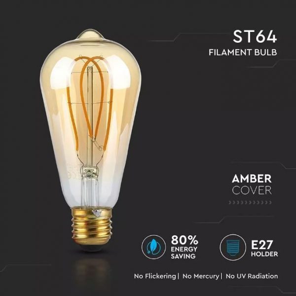5W LED Bulb ST64 Long Filament Amber Cover 2200K (warm white)