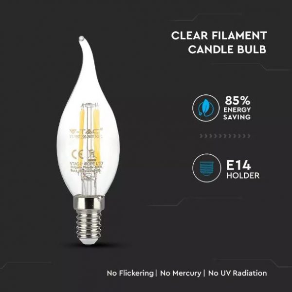 4W Candle Flame LED Bulb with Filament and Clear Cover Samsung Chip 2700K E14