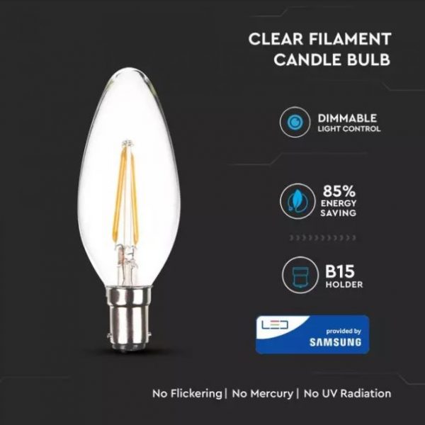 4W Candle Filament Bulb Dimmable B15  Clear Cover 3000K