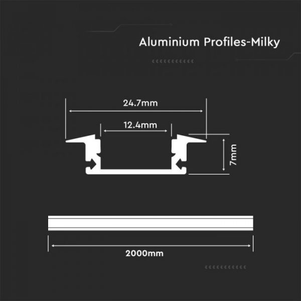 Recessed Aluminium Led Channel set 2000mm x 24.7mm x 7mm Milky Diffuser