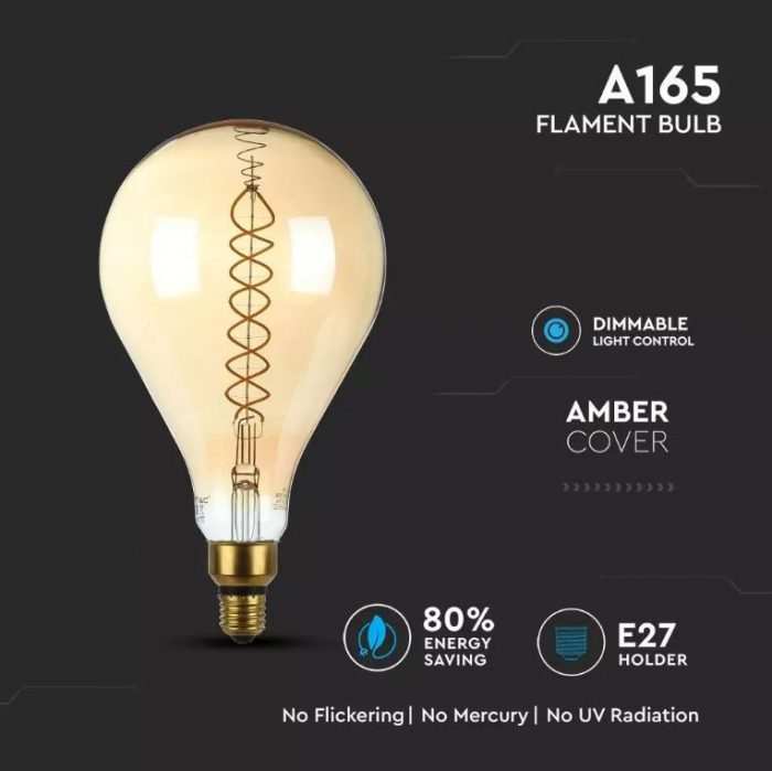 8W A165 Led Filament Bulb E27 2000K Amber Glass