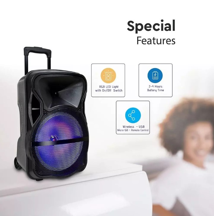 50W Rechargeable Trolley Speaker with MicrophoneRFRGB (15inch)