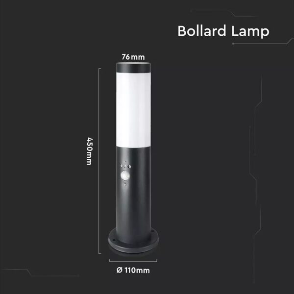 Bollard LampPir SensorStainless Steel Body (45cm) E27 BlackIp44