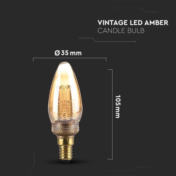 2W T30 LED Art Filament Candle Bulb Amber 1800K E14