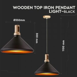 Modern Iron Pendant Light Wooden Top Black D=350mm
